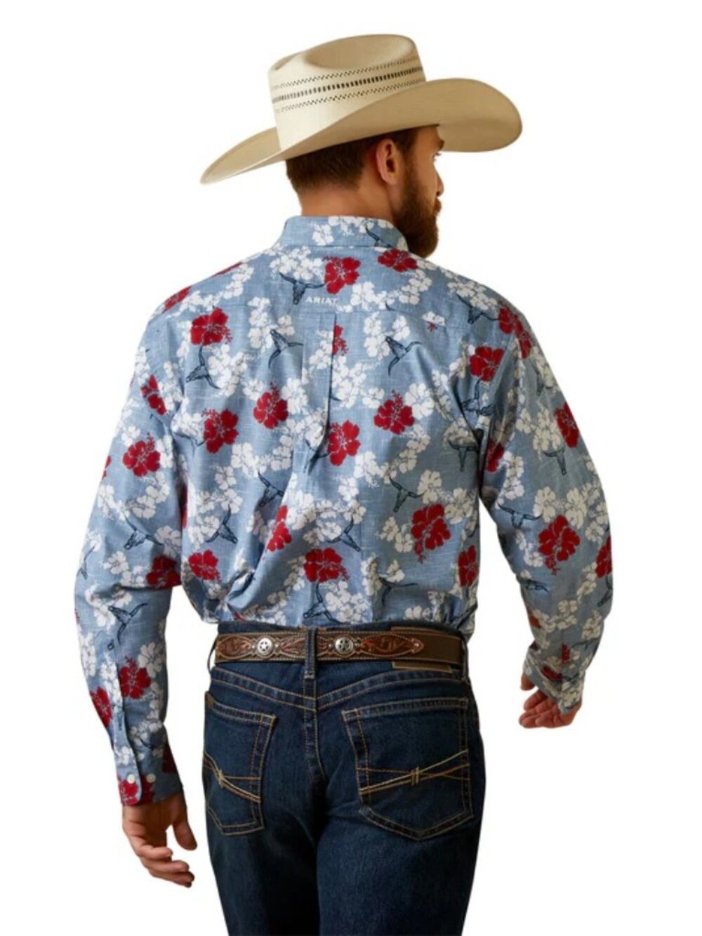 ARIAT WESTERN ALOHA BLUE & RED FLORAL LONG SLEEVE SHIRT MENS XL - Picture 2 of 13